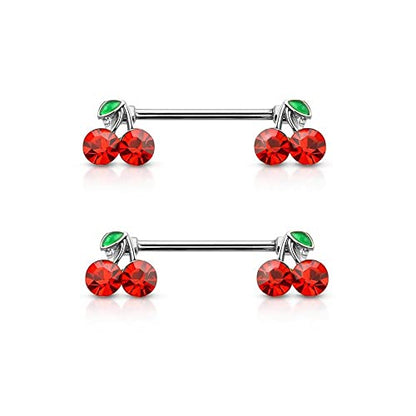 Pierced Owl 14GA 316L Stainless Steel Lucky Double CZ Cherry Ends Nipple Barbells, Sold as a Pair