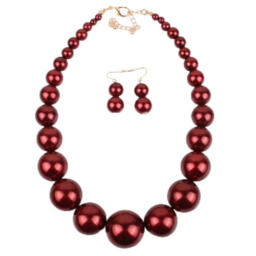 Fuqimanman2020 Chunky Large Simulated Pearl Choker Necklace Drop Dangle Earrings Crystal Bib Big Round Beaded Strand Multicolor Costume Statement Wedding Jewelry Set for Women Brides - color: Wine Red