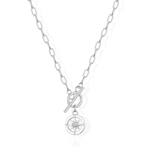 Gold Silver Necklace for Women, Dainty Cubic Zirconia Pendant | Teardrop CZ Charm, 14K Gold/Sterling Silver Plated, Adjustable Chain, Hypoallergenic & Waterproof Jewelry, Cute Trendy Gift - color: Silver-Compass/paperclip toggle chain