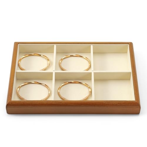 Oirlv Wood 6-Compartment Jewelry Tray | Solid Wood Frame, Soft Microfiber Lining, Holds Rings/Earrings/Bracelets, Sturdy and Attractive, Great for Drawers - color: Cream, size: 6 grid