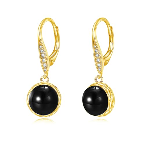 925 Sterling Silver 8mm Pearl Dangle Drop Earrings Moonstone Larimar Opal Rose Quartz Black Pearl Leverback Earrings for Women Christmas Gifts for Her - style: Black Onyx Earrings Golden