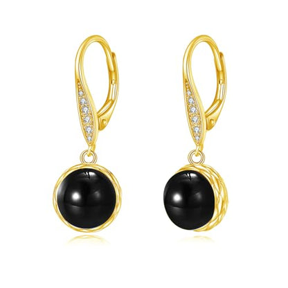 925 Sterling Silver 8mm Pearl Dangle Drop Earrings Moonstone Larimar Opal Rose Quartz Black Pearl Leverback Earrings for Women Christmas Gifts for Her - style: Black Onyx Earrings Golden