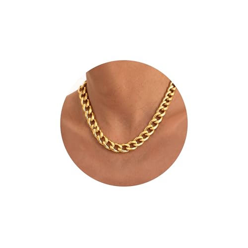 sailimue Chunky 18K Gold Plated Necklace Non Tarnish Heavy-Duty Stainless Steel Cuban Link Chain for Women Men Hypoallergenic Thick Choker Chain Necklaces Unisex Statement Jewelry Gift 9/13/15mm - color: Gold