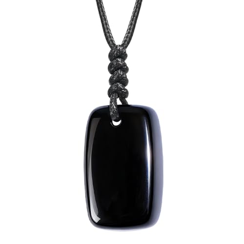 Natural Gemstone Pendant Necklace Healing Crystal Choker Necklace Adjustable Waxed Black Rope for Women Men - color: Obsidian