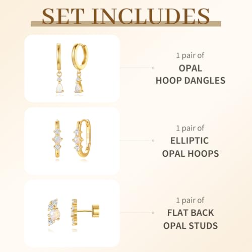 Opal Earrings Set for Women, Birthday Gift for Her, Sterling Silver | 14K Gold Plated, Hypoallergenic S925 Opal Hoop Stud Earrings for Women with Sensitive Ears, Dainty earring Stacks—Trendy Opals Jewelry 2026 - color: Gold Opal Hoop