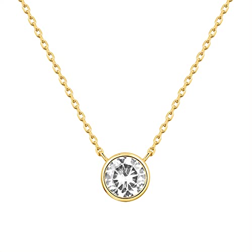 PAVOI 14K Gold Plated Circle CZ Solitaire Necklace | Elegant Bezel Pendant | Dainty Cubic Zirconia Halo Choker Necklaces for Women - style: Bezel