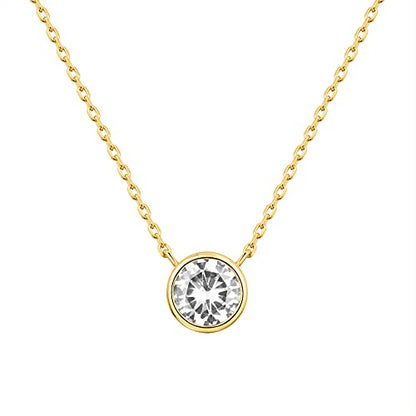 PAVOI 14K Gold Plated Circle CZ Solitaire Necklace | Elegant Bezel Pendant | Dainty Cubic Zirconia Halo Choker Necklaces for Women - style: Bezel