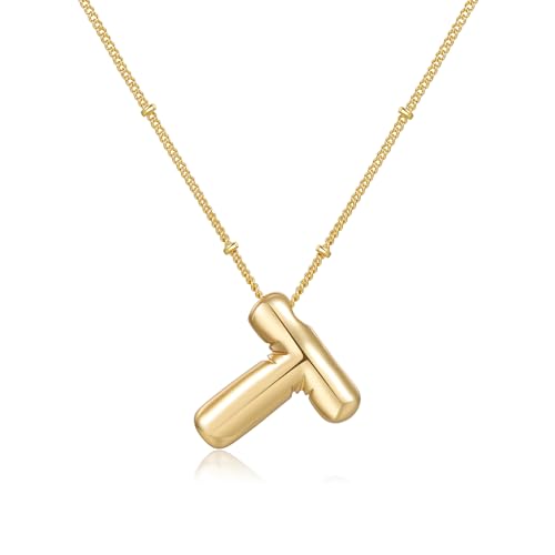 Gold Bubble Initial Necklace for Women Balloon Letter Necklace 18K Gold Plated Dainty Alphabet Pendant Puffy Name Personal Necklace - color: T