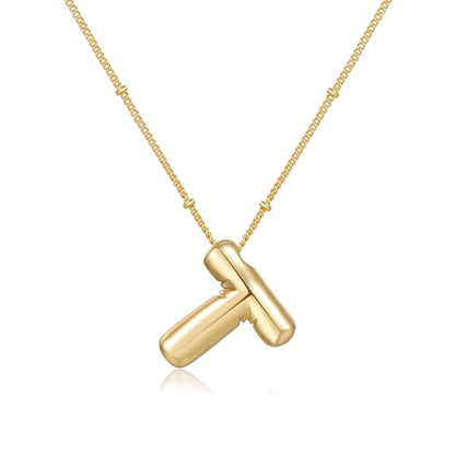 Gold Bubble Initial Necklace for Women Balloon Letter Necklace 18K Gold Plated Dainty Alphabet Pendant Puffy Name Personal Necklace - color: T