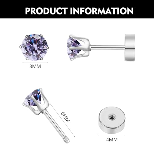 Birthstone Stud Earrings | Hypoallergenic, Brilliant Cut Round Cubic Zirconia, Flat Back, Surgical Steel, For Sensitive Ears - style: Mar Aquamarine