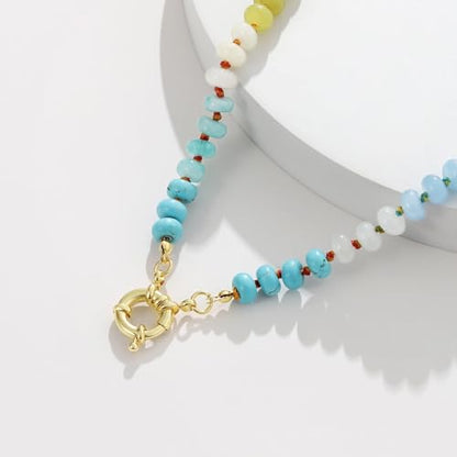 KissYan Beaded Gemstone Necklaces for Women | Colorful Bead Natural Stone Choker with 14K Gold Plated Spring Ring Clasp, Handmade Knot Jewelry for Summer Beach - color: L-Blue & Pink