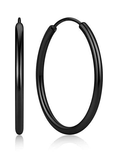 ChicSilver 925 Sterling Silver Hoop Earrings for Women Hypoallergenic, Lightweight Large Gold Plated Silver Hoop Earrings, Endless Hoops Earring 20/30/40/50/60/70MM - color: A. High Polished Black, size: 30mm