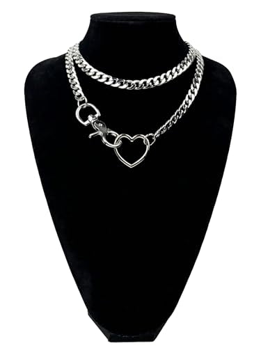paloli Women's Slip Chain Rainbow Heart O-Ring Chunky Chain Necklace, Rays Cuban Long Layered Jewelry, Adjustable Lariat Y-Necklace Heart Loop Choker - color: B-Heart-Silver