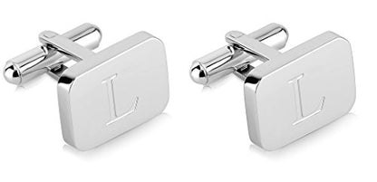 18K White-Gold Plated Initial Engraved Stainless Steel Men’s Cufflinks With Gift Box -Personalized Alphabet Letter’s A-Z By Lux & Pair - style: L- White Gold