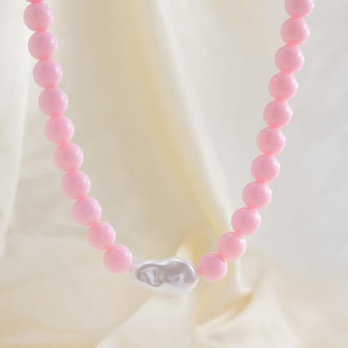 Colorful Faux Baroque Pearl Resin Beaded Choker Necklace Summer Tropical Jewelry for Women - color: Pink