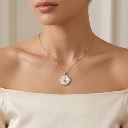 Initial Necklaces for Women Mother of Pearl Gold Letter Necklace Pendant - color: Letter S