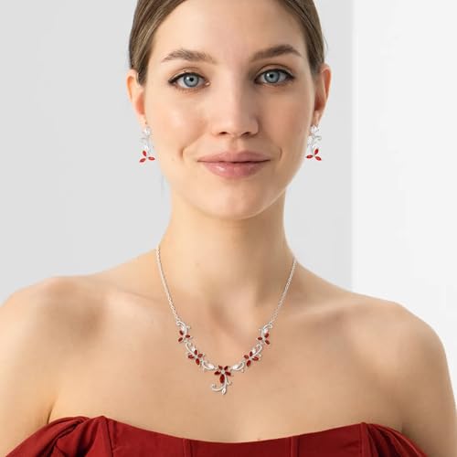 Crysdue Flower Leaf Wedding Jewelry Set for Bridal Bridemaid, Cubic Zirconia Teardrop Elegant Silver/14K/Rose Gold Plated Vine Necklace Dangle Earrings for Prom Party - style: A_Red