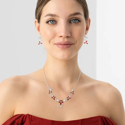 Crysdue Flower Leaf Wedding Jewelry Set for Bridal Bridemaid, Cubic Zirconia Teardrop Elegant Silver/14K/Rose Gold Plated Vine Necklace Dangle Earrings for Prom Party - style: A_Red