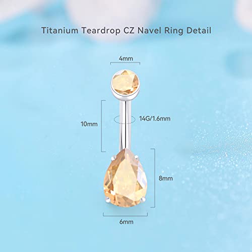 limerencia 14G G23 Titanium Belly Button Ring with Small Teardrop Cubic Zirconia 10mm Internally Threaded Navel Piercing Jewelry - color: Champagne CZ