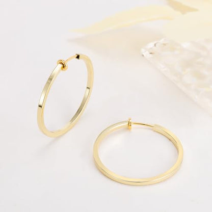 Clip On Hoop Earrings For Women No Piercing Earrrings Spring Hoops for Non-Pierced Ears - color: 3.5cm/1.37"-gold