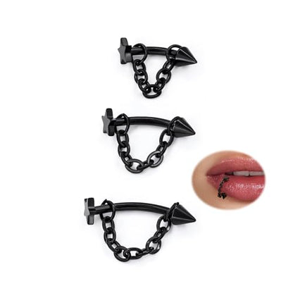 3 Pcs 316L Stainless Steel 16G Tragus Helix Rook Piercing Jewelry with Chain, Cartilage Earrings for Women, Belly Button Ring Vertical Labret Lip Piercing Jewelry - color: Black, size: Star