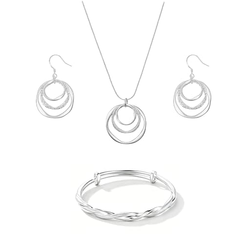 3 Pack Silver Jewelry Sets for Women, Boho Necklace & Earring & Adjustable Bracelet