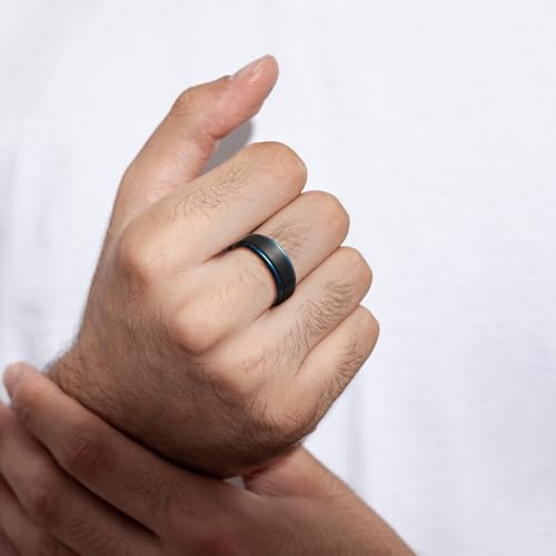 King Will Mens Brushed Wedding Band, Two Tone Matte Step Edges/Pipe Cut, Tungsten Carbide Anniversary Promise Rings Comfort Fit - color: Black&Blue-8mm