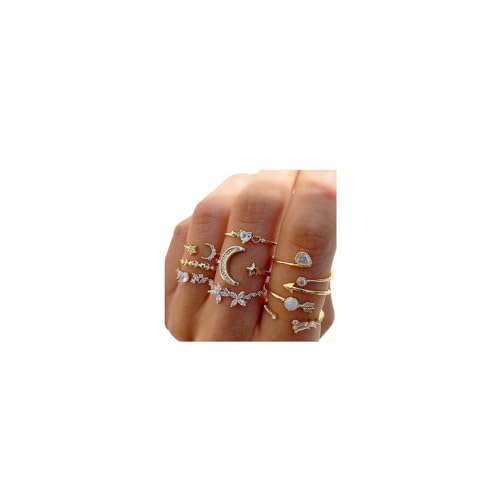 INENIMARTJ Boho Rings for Women Teen Girls,Gold Stacking Rings Set Vintage Knuckle Stackable Moon Star Snake Butterfly Heart Flower Leaf Top Finger Rings - color: H