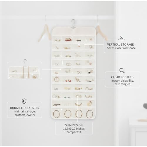 Hanging Jewelry Organizer, Vertical Closet Storage with Clear Pockets for Necklaces and Earrings, Polyester Roll-Up Bag (1 PC) - color: White