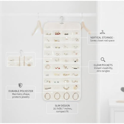 Hanging Jewelry Organizer, Vertical Closet Storage with Clear Pockets for Necklaces and Earrings, Polyester Roll-Up Bag (1 PC) - color: White