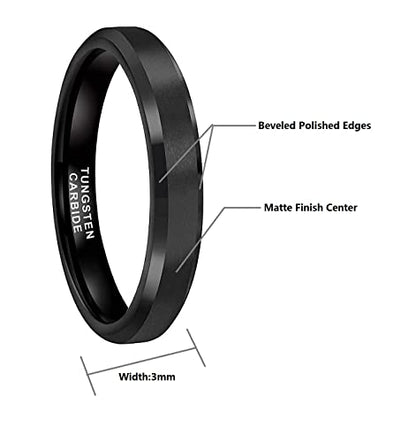 CROWNAL 3mm 5mm 7mm 9mm Tungsten Rings for Men Women Black/Silver/Gunmetal/Gold Beveled Polished Edges Matte Finish Comfort Fit 4-17 - color: Black 3mm