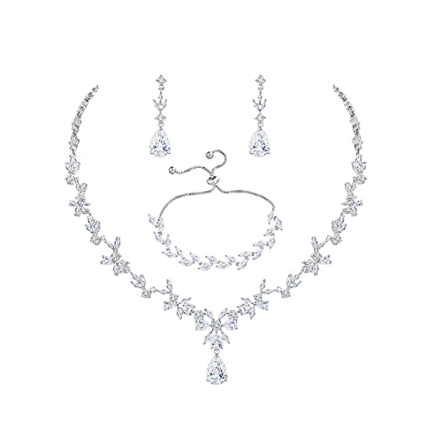 Bridal Wedding Jewelry CZ Set Marquise Teardrop Cubic Zirconia Pendant Necklace and Dangle Earring Bracelet Sets for Women - color: White Gold plated