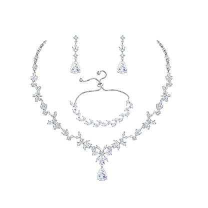 Bridal Wedding Jewelry CZ Set Marquise Teardrop Cubic Zirconia Pendant Necklace and Dangle Earring Bracelet Sets for Women - color: White Gold plated