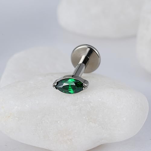 1PC Tragus Conch Helix Flat Labret Piercing Jewelry 16G 6mm 8mm - ASTM F136 Titanium Cartilage Earring Flatback Stud, Implant Grade Internally Threaded Hypoallergenic Body Jewelry (Clear CZ) - color: Green Marquise CZ - Tit