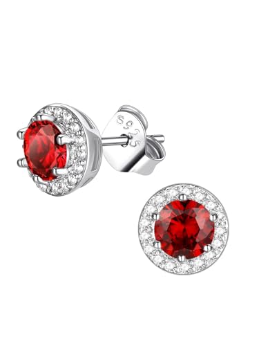 FindChic Birthstone Earrings for Women, Round/Heart/Square/Teardrop Earrings with 925 Sterling Silver Posts & Push Backs, Hypoallergenic Studs with Cubic Zirconia, 12 Months Jewelry with Gift Box - style: 01. January-Garnet (Round)