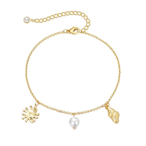 Bheop Ankle Bracelets for Women 14K Gold Silver Plated Waterproof Anklets | Evil Eye Pearl Heart Conch Shell Charm, Boho Adjustable Foot Chain, Dainty Summer Beach Jewelry Gifts, Non Tarnish - color: GD-Sun/Pearl/Conch Shell