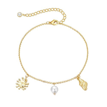 Bheop Ankle Bracelets for Women 14K Gold Silver Plated Waterproof Anklets | Evil Eye Pearl Heart Conch Shell Charm, Boho Adjustable Foot Chain, Dainty Summer Beach Jewelry Gifts, Non Tarnish - color: GD-Sun/Pearl/Conch Shell