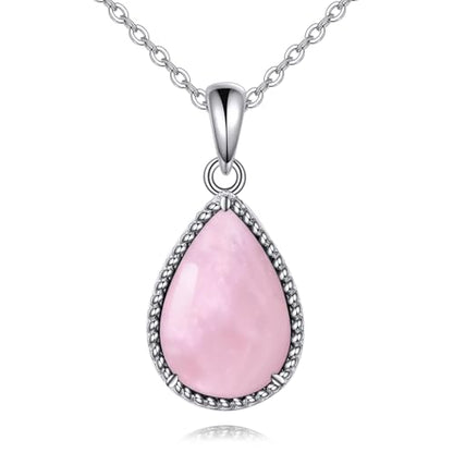 VONALA Sterling Silver Necklace Moss Agate/Turquoise/Larimar/Aquamarine/Opal/Black Onyx/Rose Quartz/Moonstone Pendant Teardrop Necklace Jewelry Gift for Women - style: Rose Quartz