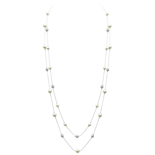 S SUSANN Costume Layered Twisted Gold Pearl Necklace Choker Chunky Glass Statement Pearl Necklace and Earring set, good gift for women Faux pearl necklace set - style: long brass chain pearl bead necklace