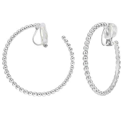 FAN&LOUIS 24K Gold Plated Hoop Clip On Earrings for Women, Gold Beaded Hoop Trendy Hypoallergenic Non Pierced Earrings Painless Lightweight 38mm Clip-On Earrings - style: Silver