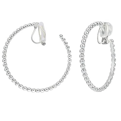 FAN&LOUIS 24K Gold Plated Hoop Clip On Earrings for Women, Gold Beaded Hoop Trendy Hypoallergenic Non Pierced Earrings Painless Lightweight 38mm Clip-On Earrings - style: Silver