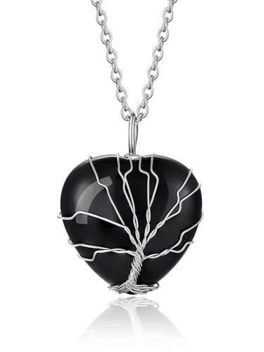 Bestyle Tree of Life Wrapped Healing Crystal Necklaces 12 Month Birthstone Pendant for Women, Crescent/Heart Gemstone Jewelry, Vintage Birthday Gifts/Energy Gift - color: 06.Heart Obsidian