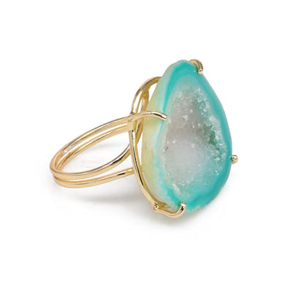 Elegant Geode Druzy Gemstone Statement Ring for Women, Adjustable Ring, Gold Plated Stone Size 20-25mm - color: Green, style: 1