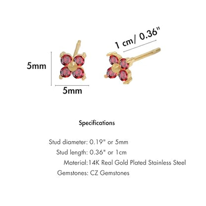 QueenBee 14K Gold Plated Ivy Flower Birthstone Stud Earrings for Women Dainty Floral Gemstone Studs Unique Jewelry Gift for Her - color: Jan-Garnet