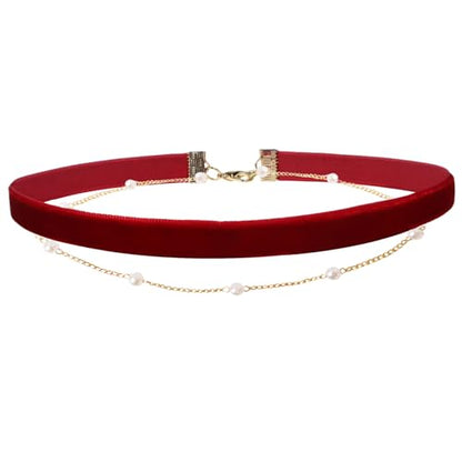 Red Velvet Choker for Women Layered Peal Pendant Choker Necklace Adjustable Gothic Tattoo Ribbon Chokers Classic Collar Necklaces for Women - color: Red