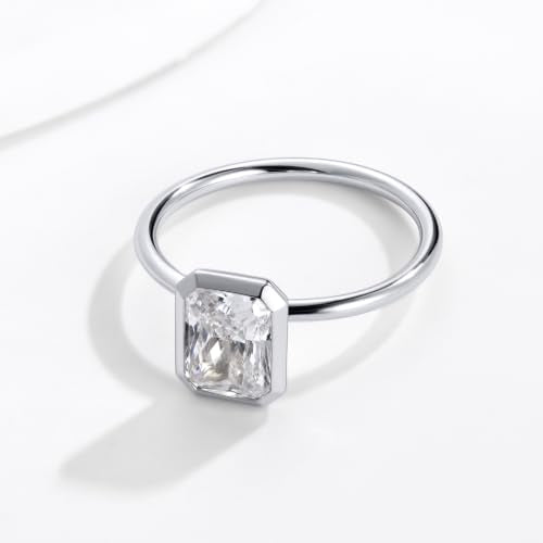 Radiant Cut Moissanite Engagement Ring for Women, Bezel Set Solitaire Ring | D Color VVS1 925 Sterling Silver 14K Gold Plated Wedding Ring, Available in 2CT 3CT 5CT, Diamond Alternative Promise Jewelry - style: 01 - White Gold - 2CT Radiant Moissanite