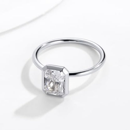 Radiant Cut Moissanite Engagement Ring for Women, Bezel Set Solitaire Ring | D Color VVS1 925 Sterling Silver 14K Gold Plated Wedding Ring, Available in 2CT 3CT 5CT, Diamond Alternative Promise Jewelry - style: 01 - White Gold - 2CT Radiant Moissanite