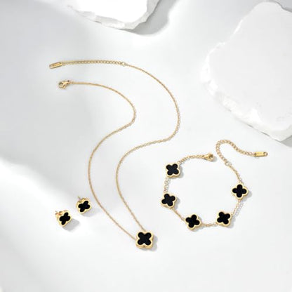 Clover Necklace Bracelet and Stud Earrings Jewelry Sets for Women | 18K Gold Plated Stainless Steel, Black/White Four Leaf Clover set,Christmas Birthday Lucky Gifts for Mom Wife Girlfriend - color: Gold Black 3PCS