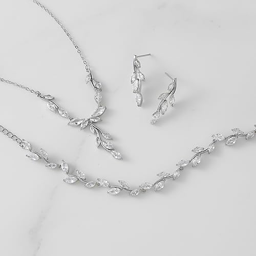 SWEETV Jewelry Set for Women, Cubic Zirconia Marquise Vine Cluster Bridal Earrings and Necklace Set, Bridal Jewelry Set for Wedding Prom - color: S09 Silver