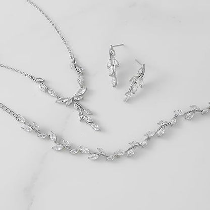 SWEETV Jewelry Set for Women, Cubic Zirconia Marquise Vine Cluster Bridal Earrings and Necklace Set, Bridal Jewelry Set for Wedding Prom - color: S09 Silver